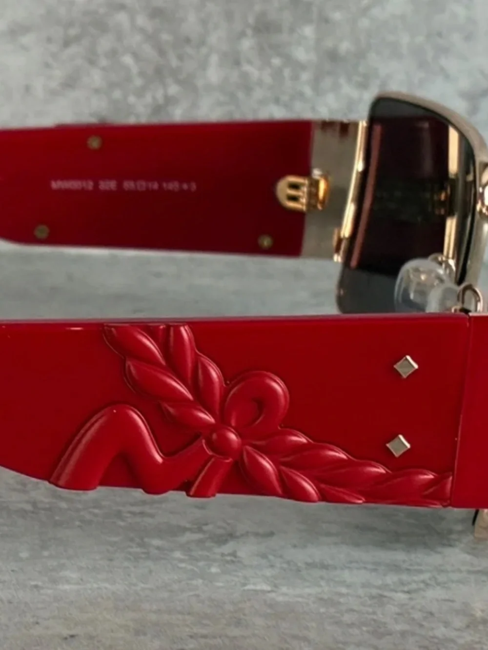 MCM Red and Gold Shield Sunglasses with crossbody case
